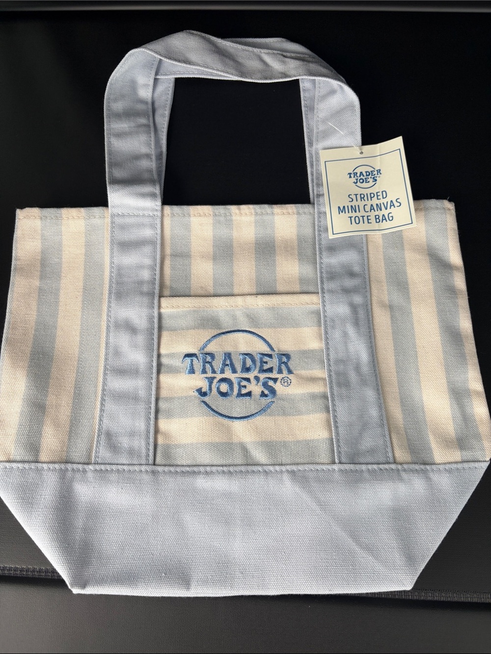 TRADER JOE NWT Blue & Cream Striped Mini Canvas Tote Bag